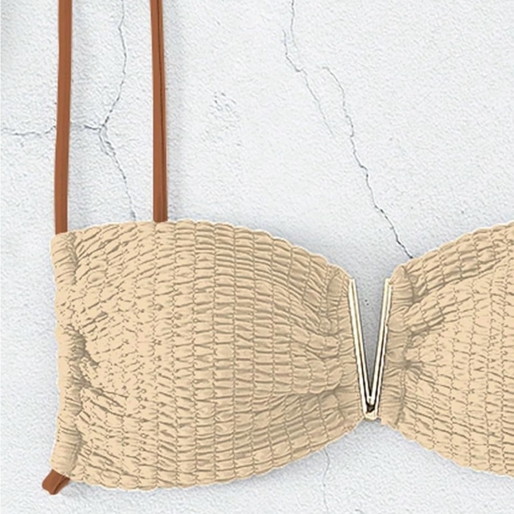 Bandeau Shirred V Wire High Cut Strappy Bottom Bikini - Picture 3 of 6